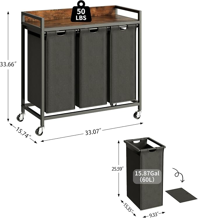Herture Laundry Hamper with Shelf, Laundry Basket 3 Section, Laundry Sorter with Pull-Out Removable Large Bags and Movable Wheels, Metal Frame, 3 x 15.87 Gallons (60L), Rustic Brown + Black PF04XLY - Image 4