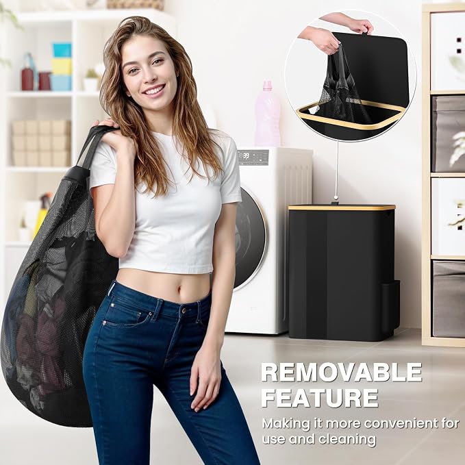 BlissTotes Laundry Basket with Lid, 80L Clothes Laundry Hamper with Handles and Removable Laundry Bag, Breathable Design Hamper with Lid for Bedroom, Bathroom, Dorm, Laundry Room - Black - Image 2