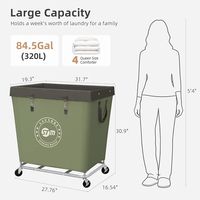 STORAGE MANIAC Commercial Laundry Hamper with Heavy Duty Steel Frame, 320 L Industrial Laundry Basket Cart with Wheels for Hotel, Home, Laundry Room, 31.7''L x 19.3''W x 30.91''H, Large Green - Image 3