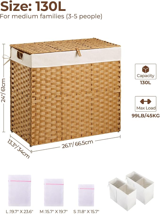 Greenstell Laundry Hamper with lid, No Install Needed, 130L Wicker Laundry Baskets Foldable 2 Removable Liner Bags, 2 Section Clothes Hamper Handwoven Rattan Laundry Basket with Handles, Natural - Image 6