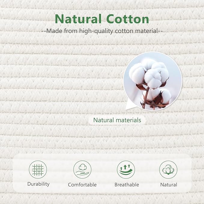 ECDYQXVU Cotton Rope Basket, Storage Baskets with Handle, 15x10x9 Inch Woven Basket for Shelves, Laundry, Towels, Clothes, Books (White 2Pack) - Image 2