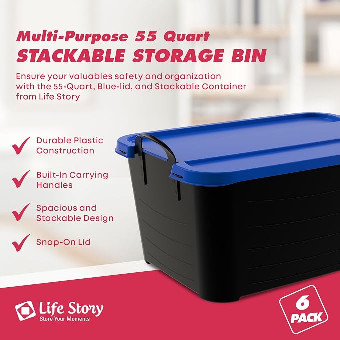 Life Story 6 Pack Heavy Duty Stackable Storage Bin, 55 Quart Home Organizer, Versatile Lightweight Locking Bins with Carrying Handles, Black/Blue - Image 3