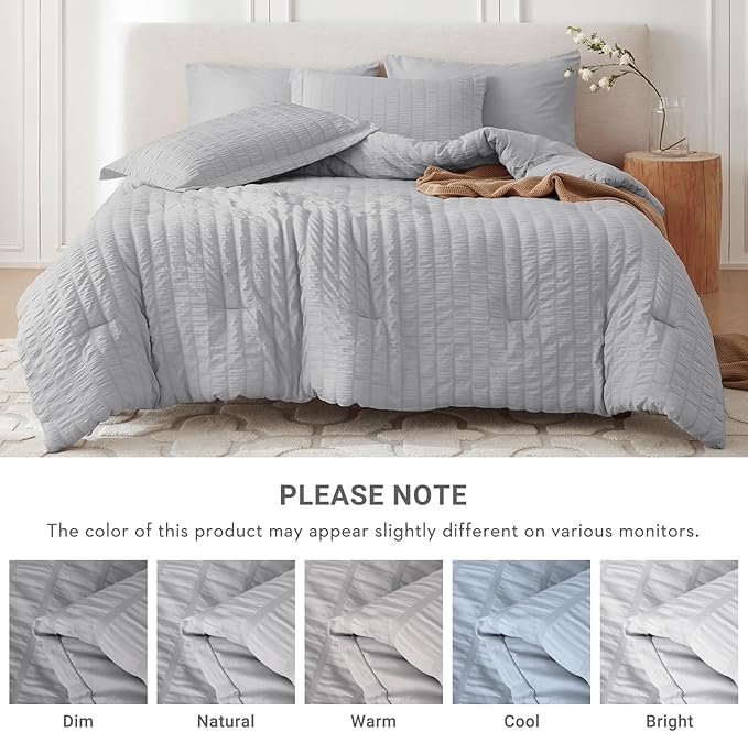 MUXHOMO 7 Pieces Full Comforter Set, Seersucker Bed in a Bag Full Size, All Season Luxury Bedding Set with Comforter, Flat Sheet, Fitted Sheet, Pillowcases & Shams, Light Grey