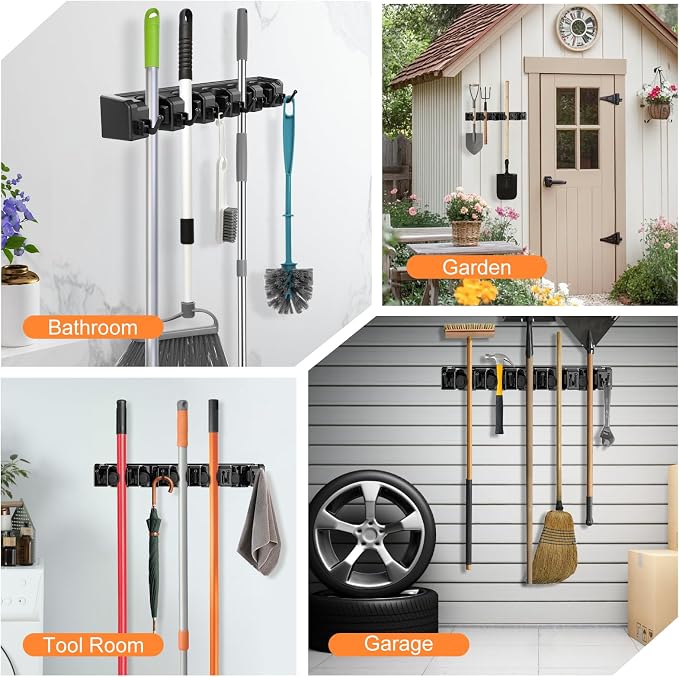 nacena Broom Holder Wall Mount, 2 Packs broom and mop organizer wall hanging broom and mop organizer wall hanging with 5 Ball Slots and 6 Hooks (Black) - Image 7