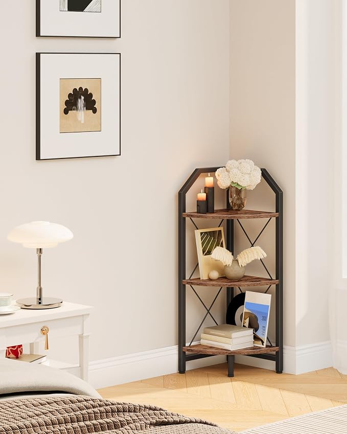CHOEZON 3-Tier Corner Shelf, Industrial Corner Bookshelf, 35.4" Storage Stand, Plant Stand Display Shelf, Bookcase for Bedroom, Living Room, Home Office, Rustic Brown and Black TCJ03BF - Image 8