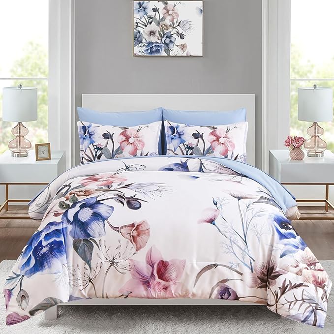 Luxudecor Floral Comforter Set Queen Size 7 Piece, Blue Flower Bed in a Bag, Elegant Floral Comforter with Sheet Set, Soft Microfiber Bedding Set for All Season (Blue, 90"x90")