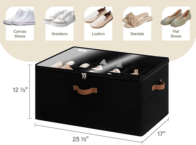 StorageWorks Shoe Organizer for Closet, Fits up to 24 Pairs, Shoe Cubby Storage Containers with Adjustable Dividers and Clear Cover, Black - Image 3