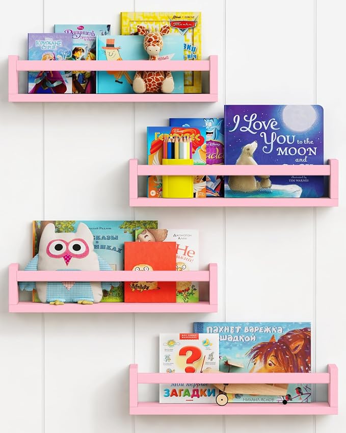 Forbena Pink Floating Shelves for Wall, Aesthetic Wall Bookshelf for Girls Room Decor, Wood Nursery Bookshelves for Toddler Kids Bedroom Book and Toy Storage Organizer (Set of 4, Pink) by Forbena
