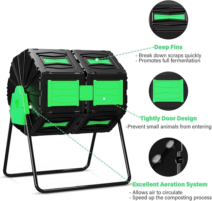 Compost Tumbler, Easy Assemble & Efficient Outdoor Compost Bin, 45 Gallon/170 Liter Large Dual Chamber Rotating Composter for Garden, Kitchen, and Yard Waste, Green Door - Image 8
