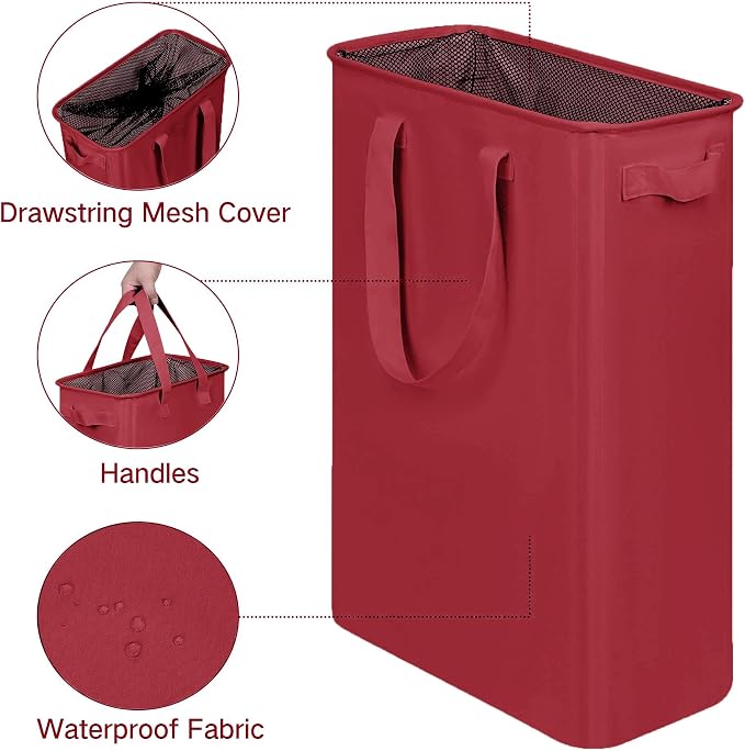 efluky Slim Laundry Basket, Narrow Laundry Hamper with Handles, Collapsible Dirty Clothes Hamper, Tall Laundry Bin for Laundry Room, Dorm and Bedroom, 48L (12.7 Gallon) Burgundy Red - Image 3