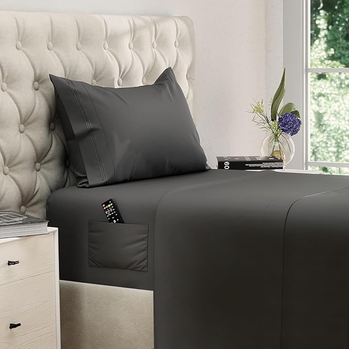 DREAMCARE Twin XL Sheet Sets – 3pcs Cooling Sheets – up to 15” Deep Pocket Twin XL Sheets Set – Hotel Luxury Sheets & Pillowcases – Superior Softness 100% Fine Microfiber with Side Pocket – Gray