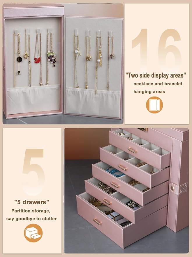 BOOVO Jewelry Box For women, 6 Layer Large Jewelry Organizer With Mirror, Multi-Function Storage Box With Lock, Necklace Holder With 5 Drawers, For Earrings Necklace Bracelet (Rose Gold and Gold) - Image 4