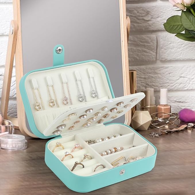Hatori Travel Jewelry Box, PU Leather Small Jewelry Organizer for Women Girls, Portable Mini Travel Case Display Storage Holder Boxes for Stud Earrings, Rings, Necklaces, Bracelets (Turquoise) - Image 2