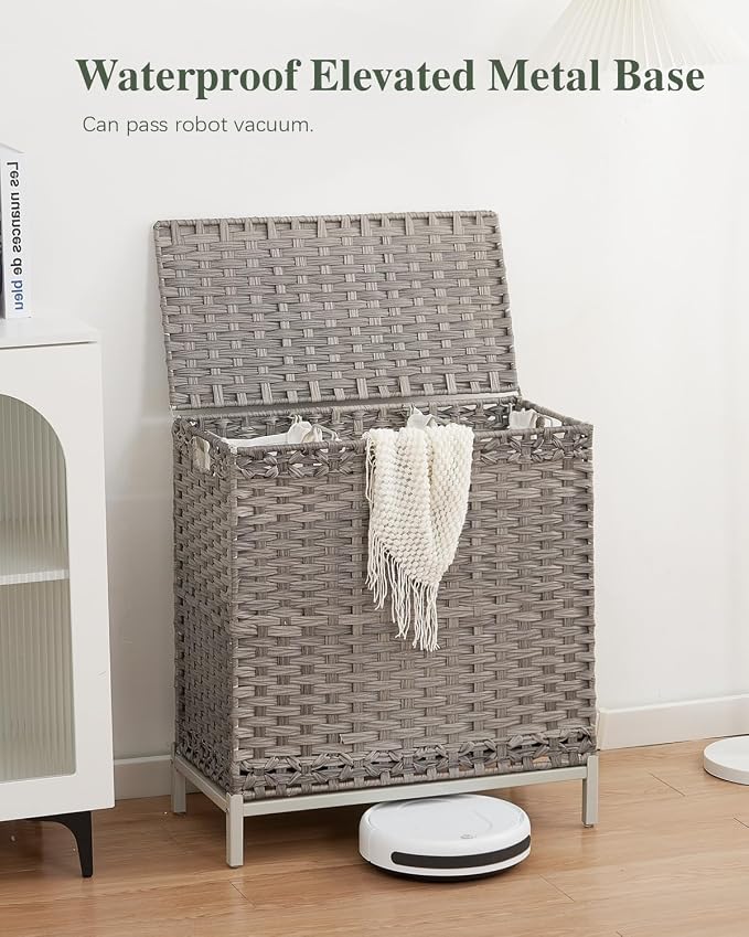 SETVSON Laundry Hamper with Lid 132 L, (35 Gallons) Clothes Hamper with Lid, Handwoven Rattan Laundry Hamper with Metal Heightened Feet, Laundry Hampers with 3 Removable Liner Bags for Laundry-Gray - Image 2
