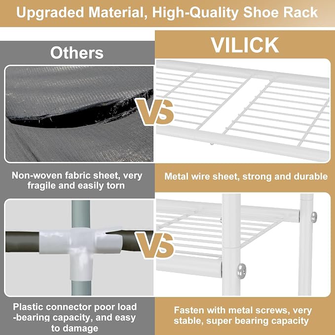 VILICK 3 Tier Shoe Rack 33" Wide Metal Shoe Organizer Long Shoe Storage with 4 Side Hooks Sturdy Shoes Shelf for Front Door Entrance, Closet, Garage, Dorm, White - Image 5