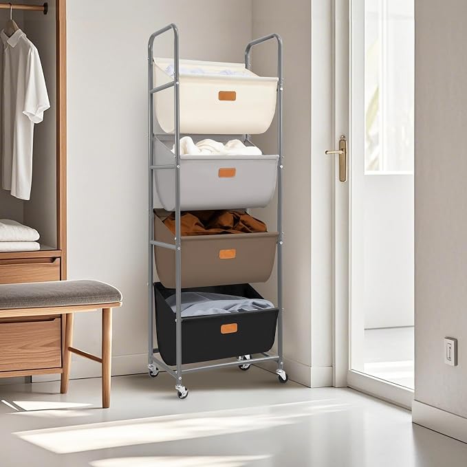 STORAGE MANIAC Vertical Rolling Laundry Hamper, 4 Section Laundry Sorter with Wheels and 2 Breaks, 4-tier Laundry Baskets for Small Space, Dorm, Laundry Room, Closet, Multicolored 4-tier - Image 7