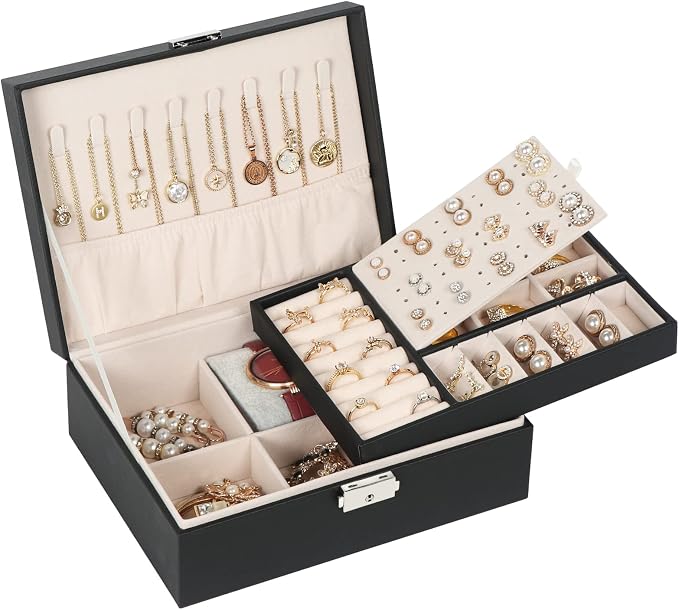 Jewelry Box for Women Girls, 2 Layers Jewelry Organizer Container with Lock, PU Leather Storage Case with Removable Tray, Jewelry Display Box for Necklaces Earrings Bracelets Rings Watches - Black by Hatori