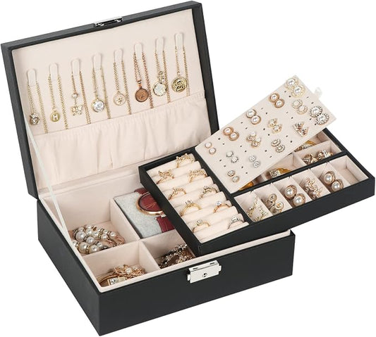Jewelry Box for Women Girls, 2 Layers Jewelry Organizer Container with Lock, PU Leather Storage Case with Removable Tray, Jewelry Display Box for Necklaces Earrings Bracelets Rings Watches - Black by Hatori
