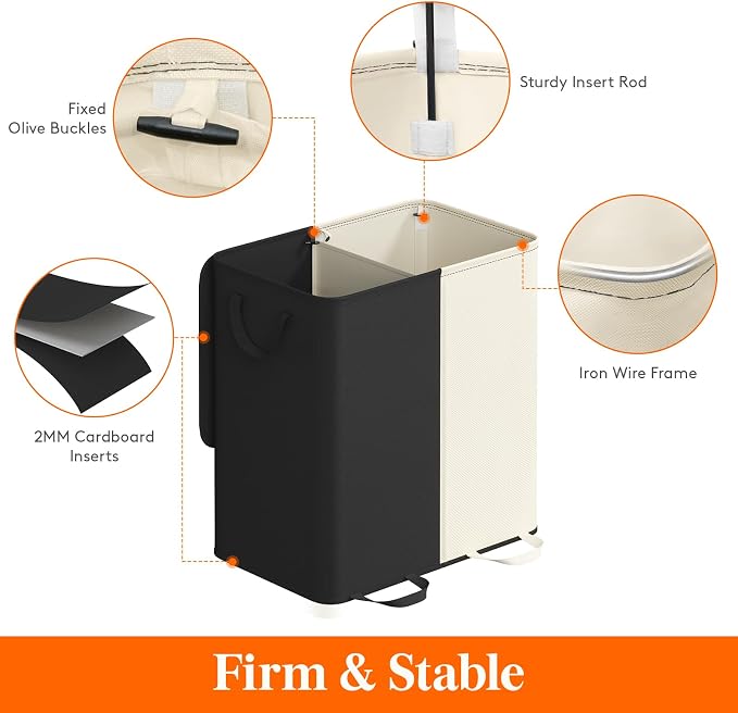 Lifewit Double Laundry Hamper with Lid and Removable Laundry Bags, Large Collapsible 2 Dividers Dirty Clothes Basket with Handles for Bedroom Laundry Room Closet Bathroom College, 136L White&Black - Image 2