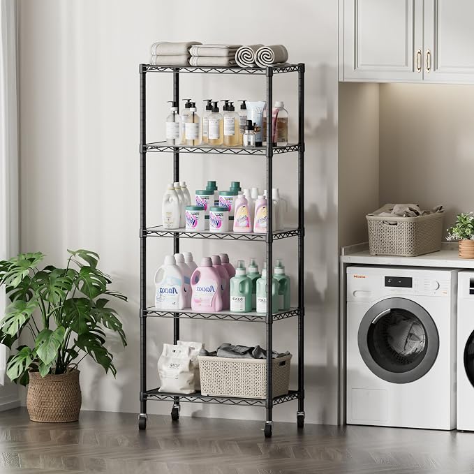 SINGAYE 5 Shelf Storage Wire Shelves Closet Bathroom Organizers Metal Pantry Kitchen Garage Shelving Unit Laundry Room Organization Home Narrow Rack Net Basket with Wheels Black - Image 8