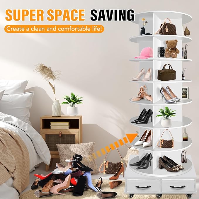 8 Tier Rotating Shoe Rack Tower contains 2 drawers, Spinning Shoe Rack Display Lazy Susan, Revolving 360 Shoe Racks Storage Round Carousel, Equipped with 5 Universal Wheels with Brake Function - Image 6