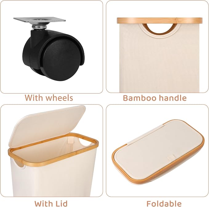 Slim Laundry Basket with Wheels,Narrow Hampers for Laundry,Freestanding Laundry Hamper with Lid&Bamboo Handles,Collapsible & Waterproof Tall Cloth Hamper for Dorm Family(60L Beige) - Image 2
