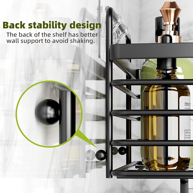Yougai Shower Caddy, Shower Organizer with Soap Holder and Hooks, Rustproof Shower Shelves, No Drilling Bathroom Organizers and Storage, Wall-Mounted Kitchen & Home Decor (Black) - Image 5