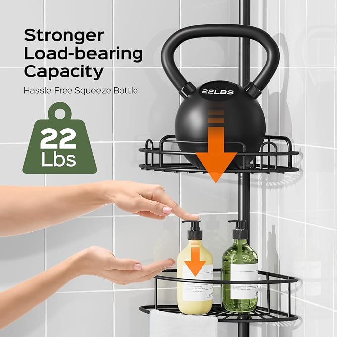 HAMITOR Shower Caddy Tension Pole: 4-Tier Rustproof Bathroom Corner Shelf Organizer for Renters - No Drill Large Shampoo Storage Rack - Adjustable 47-121 Inch - Space Saving Bathtub Accessory - Black - Image 2