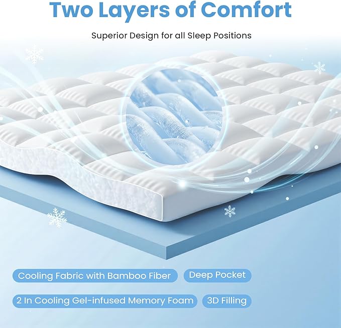 OLIXIS Twin Size Dual Layer Gel Memory Foam Mattress Topper with Cooling Pillow Top, Breathable Bed Topper Pad for Back Pain Relief, CertiPUR-US Certified