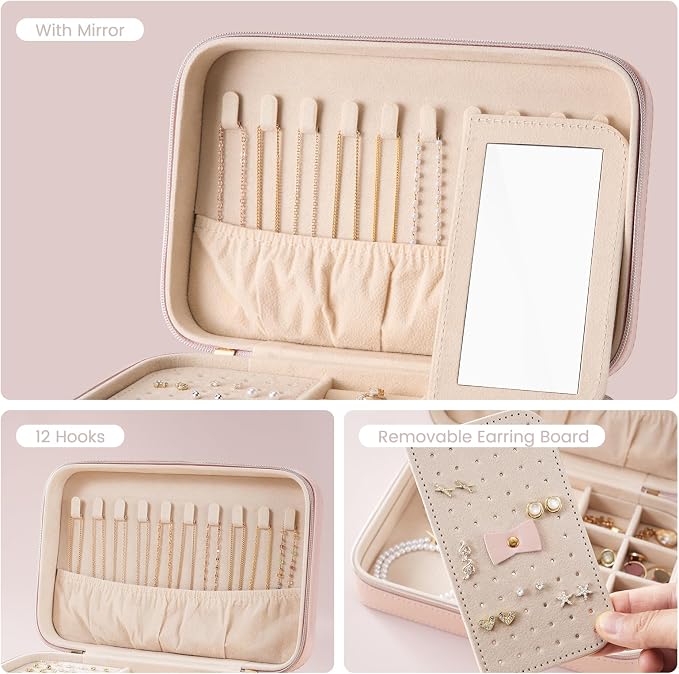 Lolalet Travel Jewelry Case for Women Girls, Travel Jewelry Organizer Box with Mirror & Clear Storage Bag, Small Portable Earring Necklace Bracelet Ring Case, Birthday Valentine Gifts -Medium, Pink - Image 5