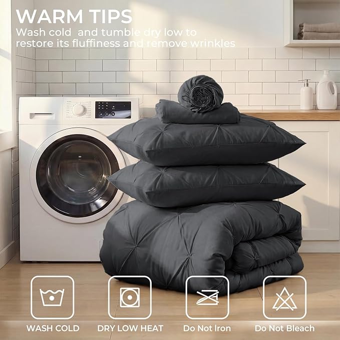 Sasttie Twin Comforter Set, 5-Piece Bed in a Bag, Pintuck Bedding Sets for All Season, Includes Comforter, Flat Sheet, Fitted Sheet, Pillowcase and Pillowsham, Dark Grey