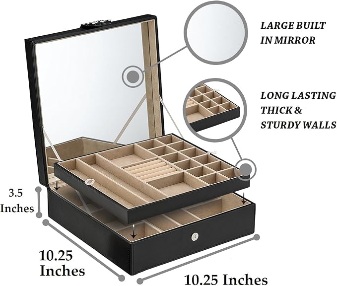 Glenor Co 28 Section Jewelry Box - 2 Layer - Buckle Snap & Magnet Closure - Large Mirror - Pu Leather - Black - Jewelry Organizer for Women & Girls - Holder for Earring Ring Necklace & Bracelet - Image 6