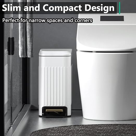 Small Bathroom Trash Can with Lid Soft Close-6L/1.6 Gal Slim Step Garbage Can-Metal Pedal Wastebasket-Narrow Rectangle Garbage Container Bin for Corner Office, Bedroom, Toilet, Live Room-White - Image 2