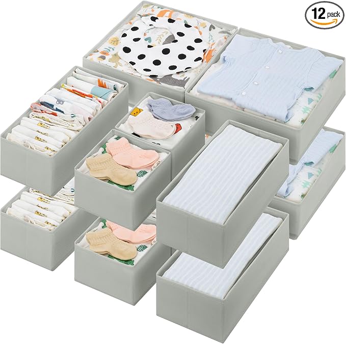 GRANNY SAYS Drawer Organizer Clothes, 12 Pack Dresser Organizer Bins for Nursery, Closet Organization and Storage Dividers for Clothing, Baby Clothes, Underwears, Gray by GRANNYSAYS