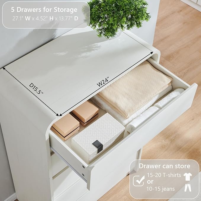 Aitjunz Modern 5 Drawers Dresser for Bedroom, 45" Tall Dressers & Chests of Drawers w/Curved Profile Design, Wood Mid Century Vertical Dresser w/Natural Texture for Bedroom, Living Room, Antique White