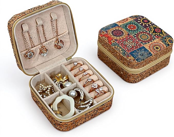 Retro Cork Jewelry Box with Bohemian Patterns for Storing Rings, Necklaces and Earrings During Travel, Soft Velvet Interior, 3.8x3.8x1.8 Inches by Unknown