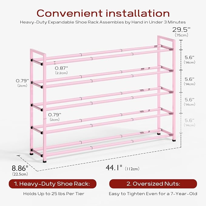 Bumusty 5-Tier Long Expandable Shoe Rack for Closet, 18"-44" Adjustable Shoe Rack for Entryway, 25-30 Pairs Large Shoe Organizer Shelf Storage, Sturdy Metal, Pink - Image 3