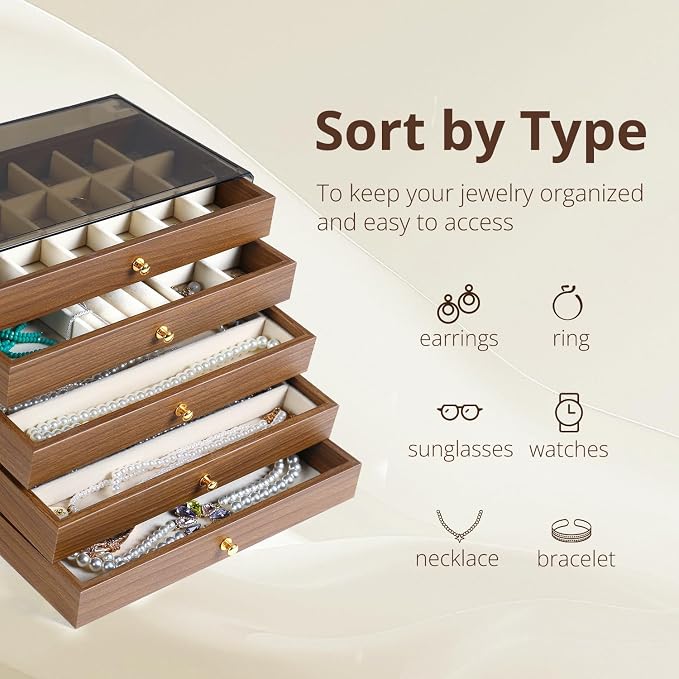 CLUQMEIK 5 Layer Large Wooden Jewelry Box with Acrylic Lid and Wooden Drawers, Stackable Jewelry Organizers and Storage Box for Women and Girls to Storing Rings Earrings Necklaces Bracelets - Image 4