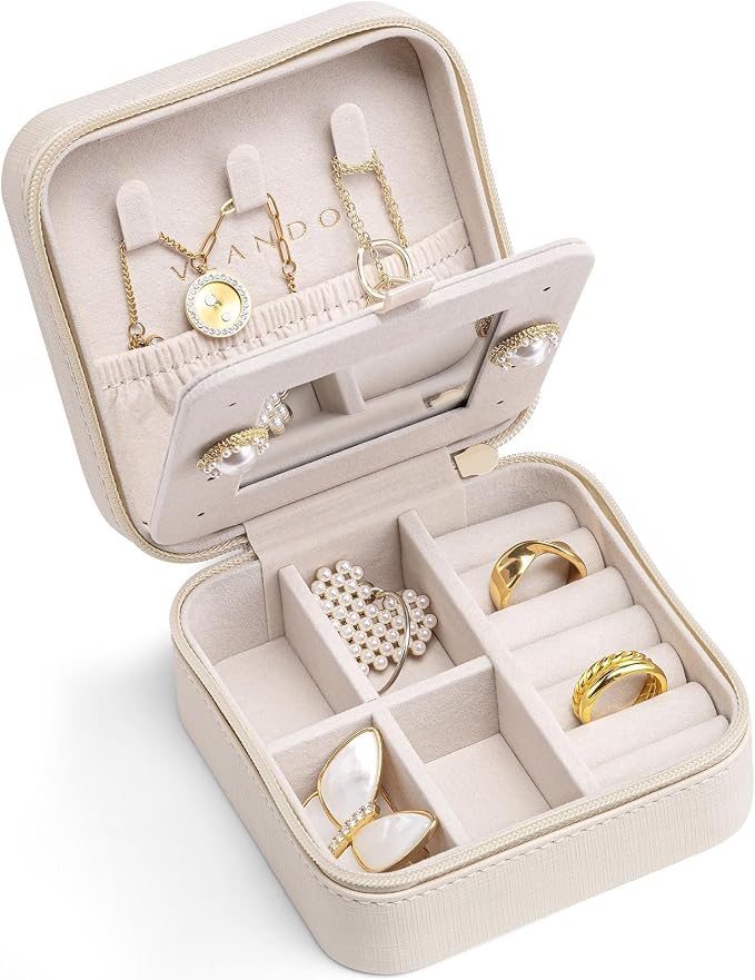 VLANDO Bridesmaid Gifts - Small Travel Jewelry Box Organizer - Wedding Gifts for Girls Women Rings Earrings Necklaces Storage with Mirror - Milky White by VLANDO