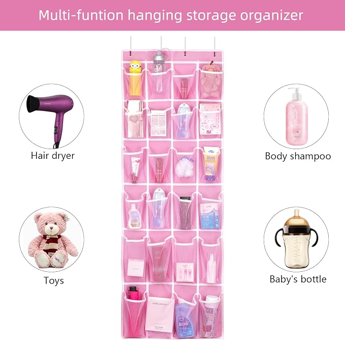 SAVERHO 2 Pack Hanging Shoe Organizer，Over Door Shoe Organizer with 24 Mesh Large Pockets Shoe Storage Bag for Sport Shoes Size:58x21 Inch Hanging Door Shoe Rack Organizer (Pink-2pack) - Image 5