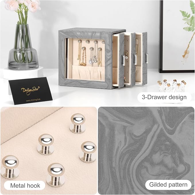 DesignSter Jewelry Box Organizer, Jewelry Box for Women, PU Jewelry Organizer Display Case with Side Drawers, Jewelry Storage for Earring Necklace Ring Bracelet Watch - Image 6