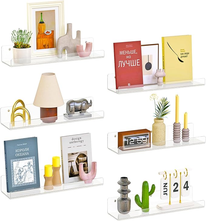 Dooiclear 6 Pack Floating Shelves for Wall, 15" Clear Book Shelf, Acrylic Floating Wall Shelf, Display Shelves Organizer for Bathroom, Classroom, Bedroom, Living Room, Kitchen, Room Decor by Dooiclear