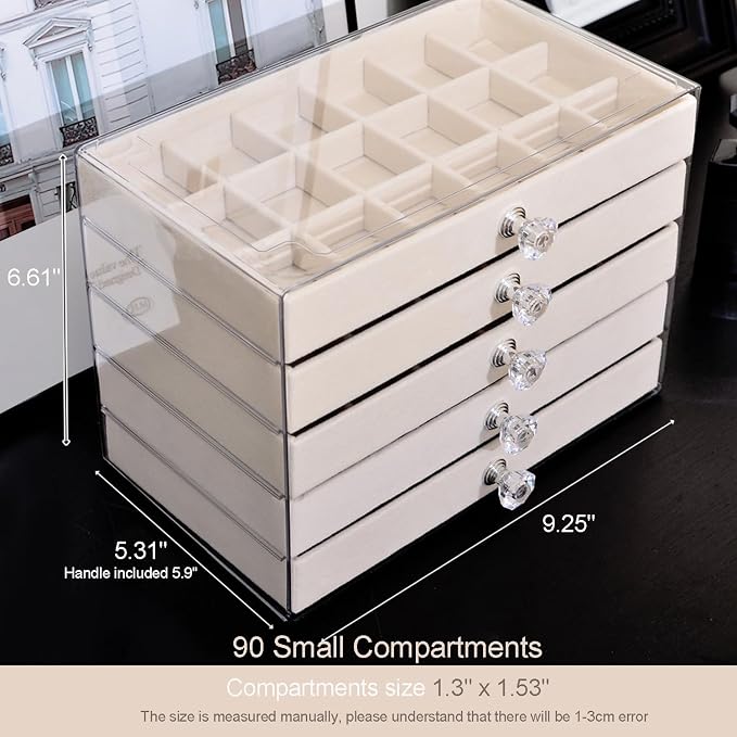 SPAKOWN Earring Box Holder Organizer Display Case, Clear Velvet Jewelry Storage Tray Organizer for Earring Ring Stud (Beige - 5 Drawers) - Image 6