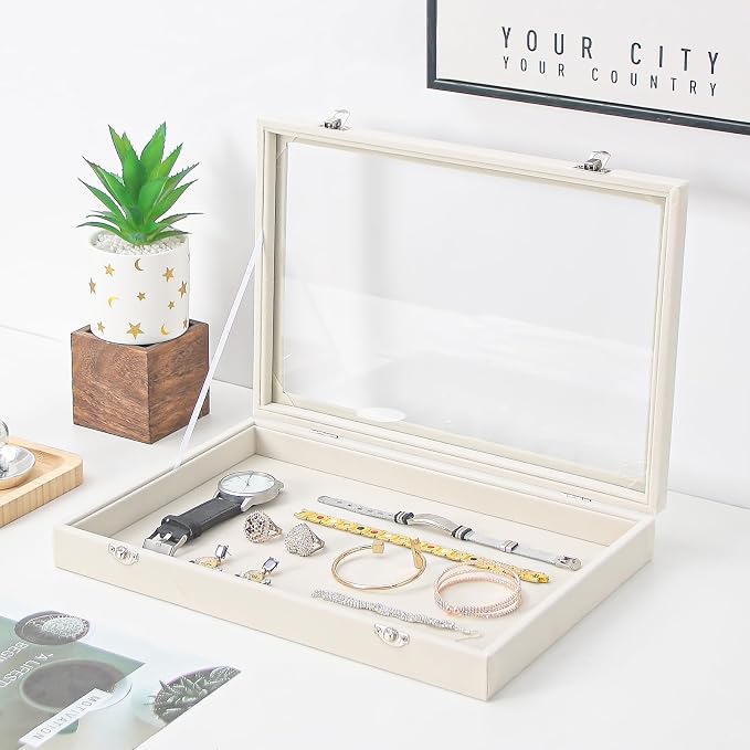 Coward Jewelry Organizer Box, Beige Velvet Blank Display Tray Case with Lid for Storage Necklaces Bracelets Rings Beads and Jewelry Accessories - Image 3