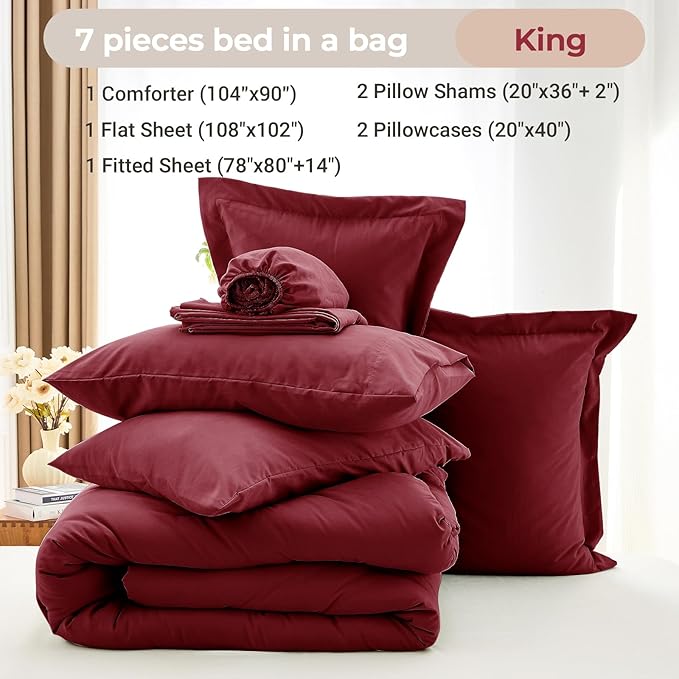 MUXHOMO 7 Pieces King Comforter Set, Soft Bed in a Bag King Size, All Season Bedding Set with Comforter, Flat Sheet, Fitted Sheet, Pillowcases & Shams, Burgundy Red