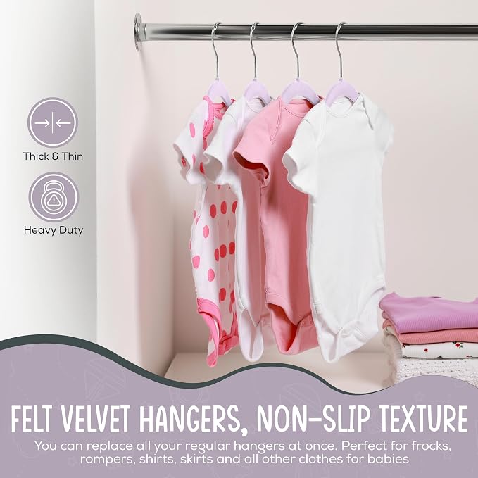 TechZoo 50 Premium Velvet Baby Hangers 11.8" Inch Non-Slip Infant, Ultra Slim Space-Saving Children Closet Hangers, 360° Swivel Hook, Strong & Durable Baby Toddler Kids Clothes Hanger, Purple - Image 4