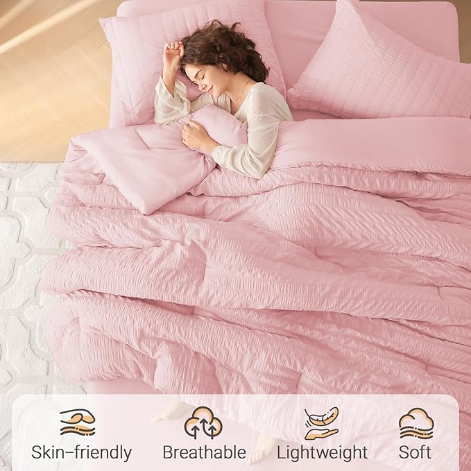 MUXHOMO 5 Pieces Twin Comforter Set, Seersucker Bed in a Bag Twin Size, All Season Luxury Bedding Set with Comforter, Flat Sheet, Fitted Sheet, Pillowcase & Sham, Pink