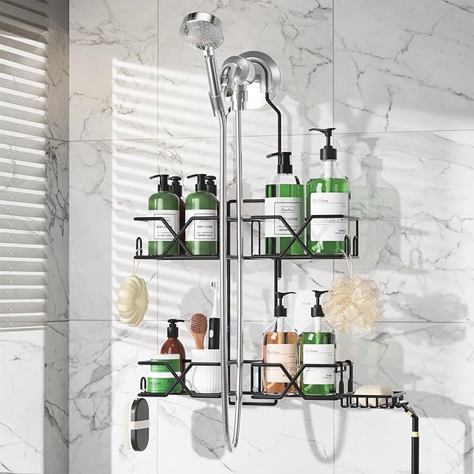 Sewulidon Stainless Steel Hanging Shower Caddy for Handheld Shower Heads,Adjustable Height Extra Long Bathroom Shower Organizer Hanger Rack with Hooks,Soap Holder by Home