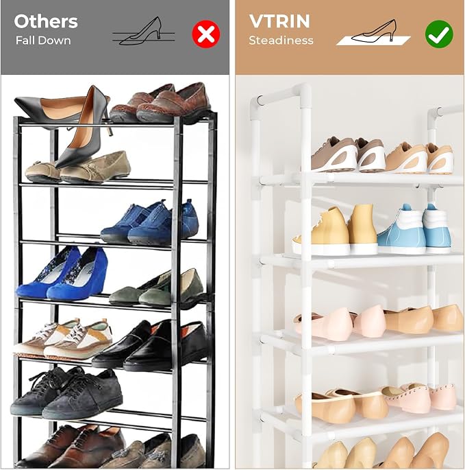 VTRIN 10 Tiers Tall Shoe Rack Holds 20-25 Pairs of Shoes Sturdy Vertical Shoe Organizer with 18pcs Hooks Stackable Narrow Shoe Rack for Closet, Entryway White - Image 6