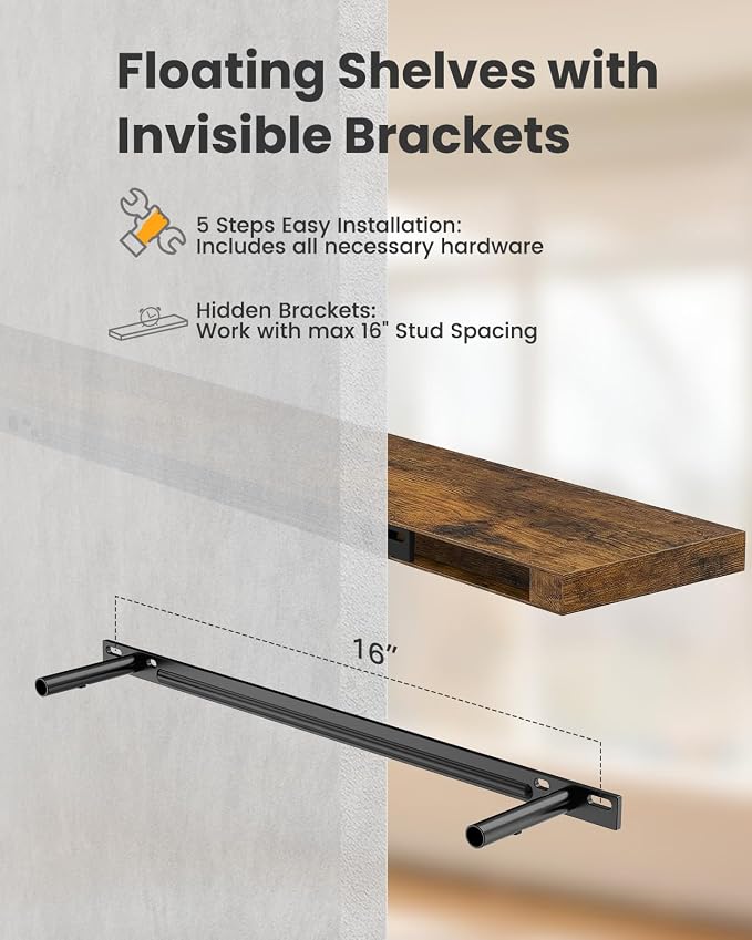 AMADA HOMEFURNISHING 23.6" L Floating Shelves, Wall Shelves Set of 3 for Bathroom/Living Room/Bedroom/Kitchen, Floating Shelves for Wall Decor with Invisible Brackets - AMFS44V, Rustic Brown - Image 7